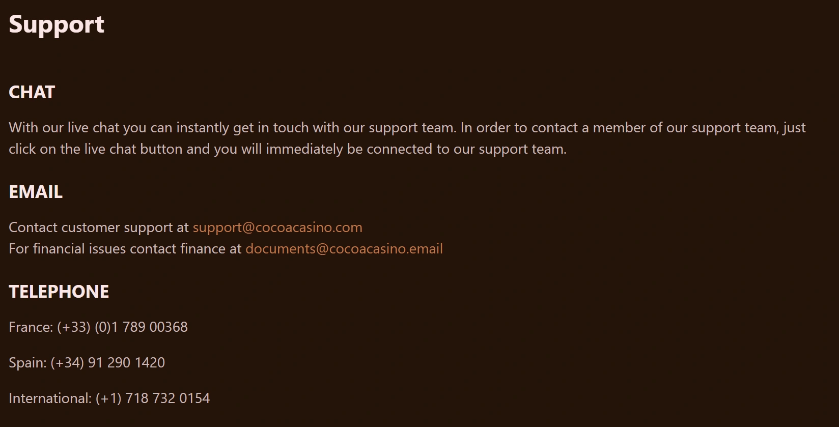 Cocoa Casino support